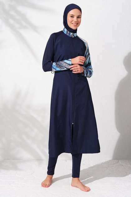 231913 Navy Blue Patterned Long Sleeve Zippered Hijab Swimsuit Set