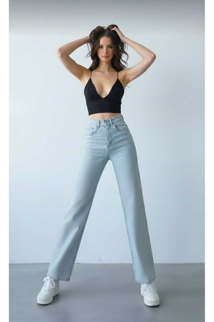 Cindy Wide Leg Snow Wash Blue Lycra Super High Waist Loose Jean Trousers