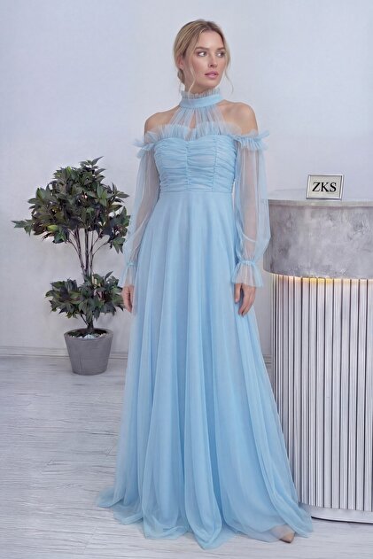 Elbise Delisi Baby Blue Tulle Draped Plus Size Evening Dress- Trendyol