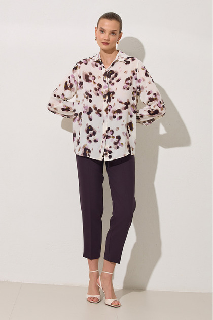 Ecru-lilac patterned long sleeve comfortable cut shirt