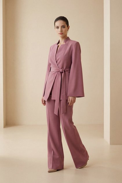 Dusty Rose Jacket with Sleeve and Waist Tie Detail and Full-Fit Pants Set