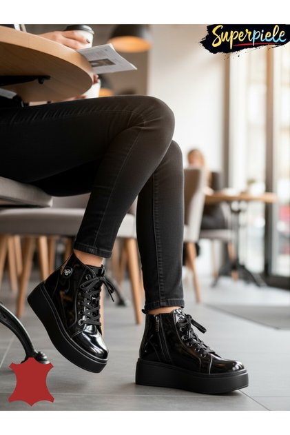 Ghete dama piele naturala negre imblanite cu accesoriu metalic
