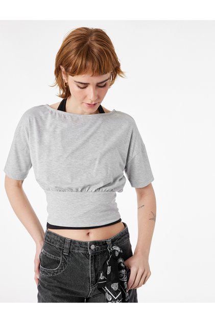 Short Sleeve Viscose Blend Boat Neck Waist Accent Crop T-Shirt