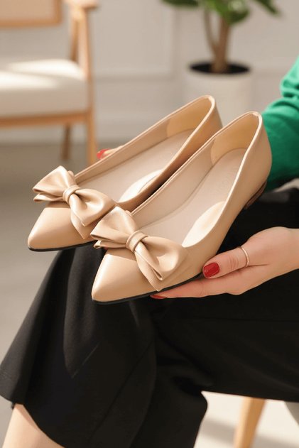 Naomi Nude Double Bow Short Heeled (1.5 cm) Pointed Toe Casual Ballet Flats