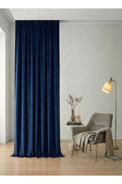 Velvet Textured Extralight Drawstring Background Curtain - Navy Blue - (No Pleats Sewing)