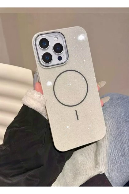 Iphone 15 ProMax Uyumlu Beyaz Renk Simli Şeffaf MagSafe Uyumlu Kılıf