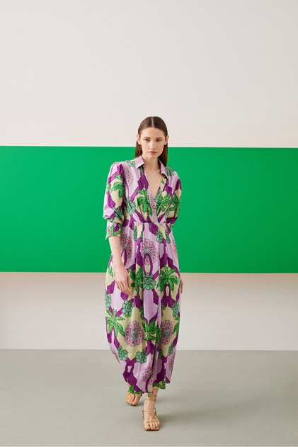 Leaf Patterned Shirt Collar Long Sleeved Maxi Dress