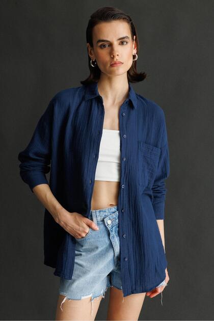 machi様 Mixray 3833 Kadın Oversize Cepli Müslin Gömlek Lacivert - Fiyatı