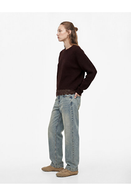 Long Sleeve Crew Neck Sweater with Lace Detail