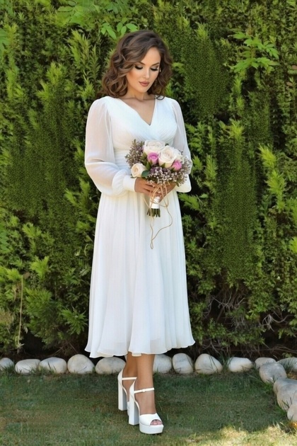 knee length dresses for ladies Modest Crepe Wedding Dress with Three Quarter Sleeves Adri Midi Ready to Ship / White / 12 US (44 EU) main image 0