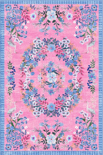 Pink Flower Wreath Vintage Carpet with Crane Bird - Bohemian Spring Touch
