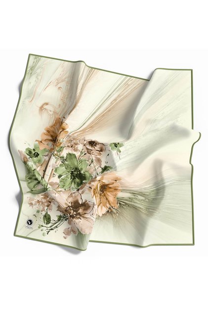 Twill Çiçek Desenli Haki Renkli 90x90 Eşarp (İpek İçermez) Kenar Dikiş Şekli El Dikişli
