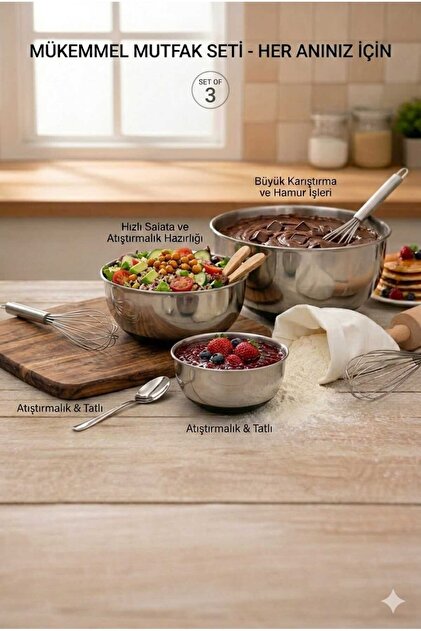 BySevil Paslanmaz Çelik Karıştırma Kabı 3 lü Set -Çırpma ,Salata