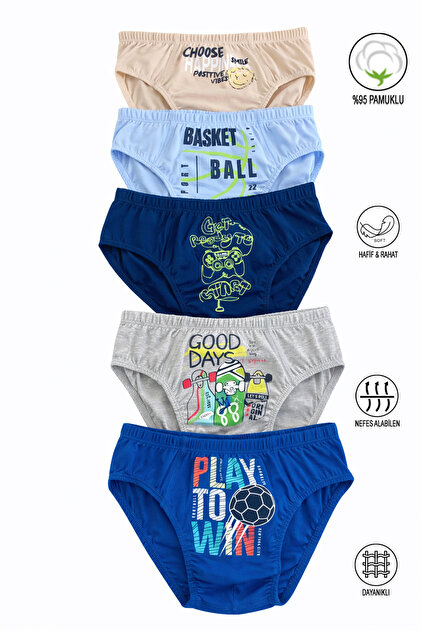 Özkan 31801 5 Pack Boys' Mixed Color Patterned Cotton Soft Comfortable Slip Panties