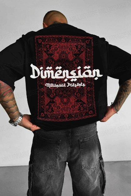 Men's Dimension Puffy Printed Black Crew Neck Oversize Casual T-Shirt