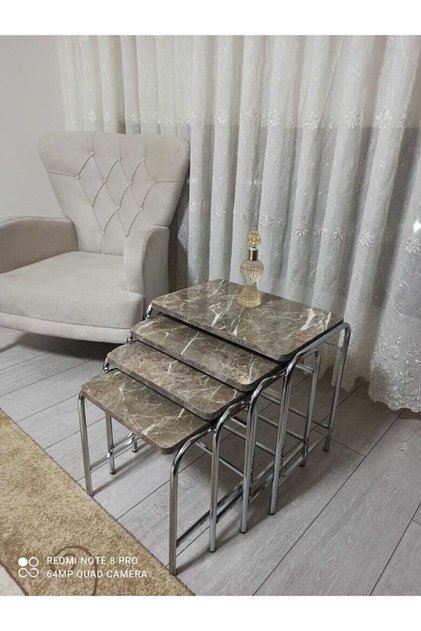 4'lü Zigon Sehpa Nikelaj Kaplama Metal Ayaklı Gri Mermer Desen