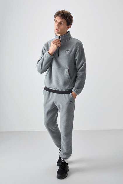 Gray Melange Half Zipper Stand Collar Elastic Leg Fleece Men's Tracksuit Set - 85159