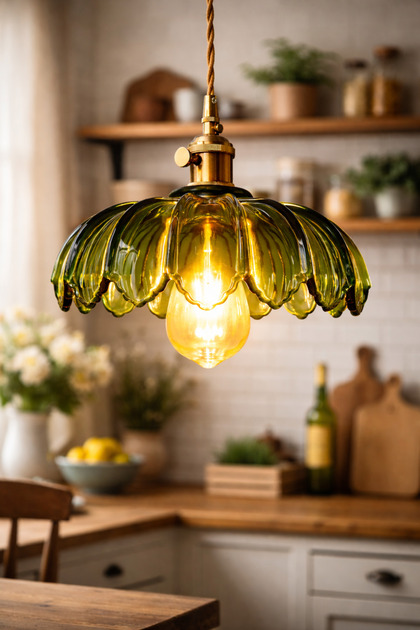 インテリアライト Luna Lighting Petra Model Yeşil Cam Klasik Sarkıt Tekli Avize