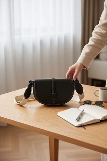 Siyah Hakiki Deri Görünümlü Kadın Omuz Çantası - Kanvas Askılı Saddle Model