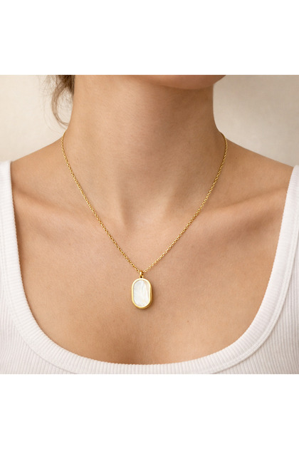 Non-Tarnish Steel Gold Oval Pearl Stone Necklace