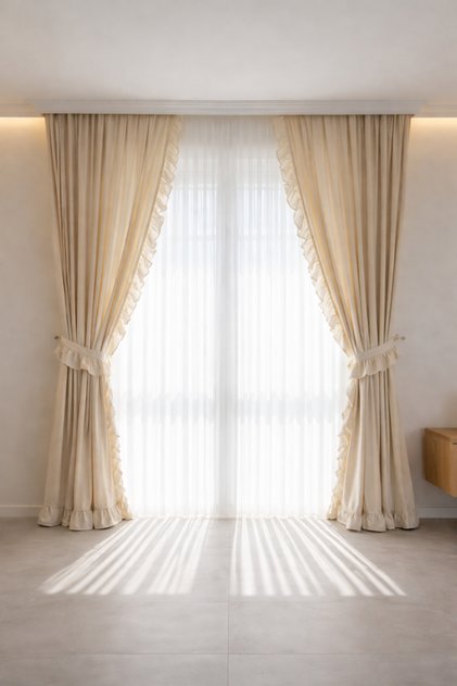 2 Kenarı Fırfırlı Korniş Uyumlu Bej Renk Keten Salon Perdesi - Bağcık Hediyeli