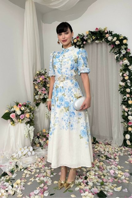Blue Floral Print Button Detail Belted Premium Linen Dress