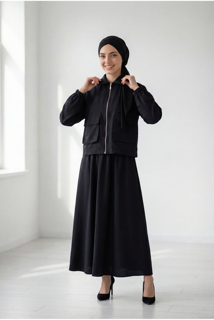 Anife Zippered Cupra Suit with Bellows Detail on the Front and Skirt - Mf256 Black
