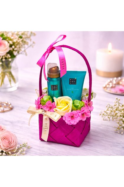 Pachet Sakura Feel, cu crema de corp,gel de dus Rituals, cosulet cadou si aranjament floral,Turcoaz