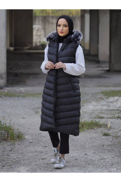 Women's Plus Size Long Puffer Vest Detachable Hooded Winter