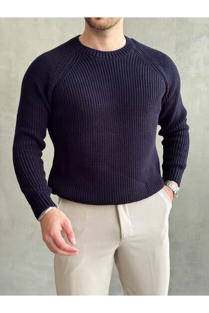 Erkek Lacivert Triko Kazak Reglan Kol Örme Regular Fit