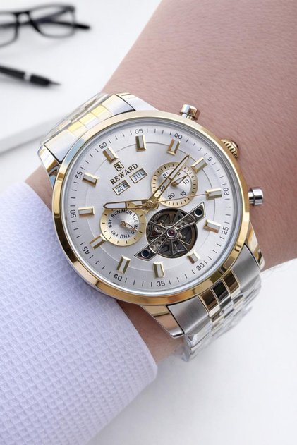 Gold/Black Automatic Mechanism Steel Band 5 Atm Water Resistant Men's Wrist Watch Erw.146308