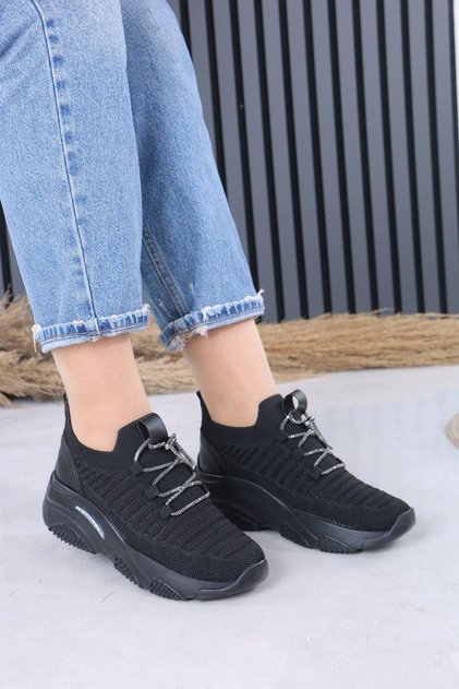 Joella Black Knitwear Stone Lace-Up Women's Sports Shoes