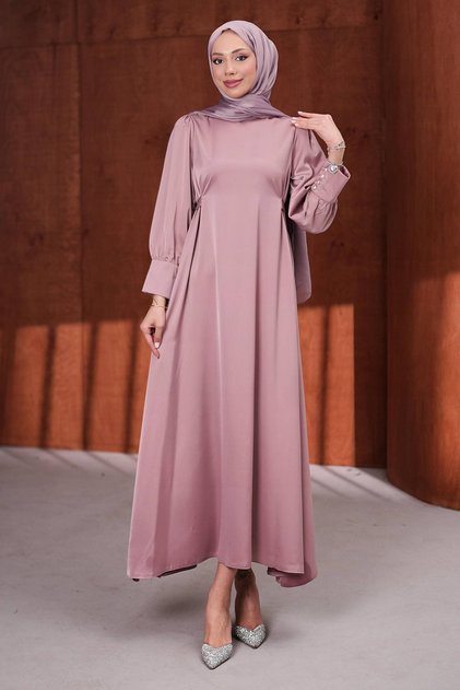 Dusty Rose Satin Evening Dress with Cufflinks and Belted Waist