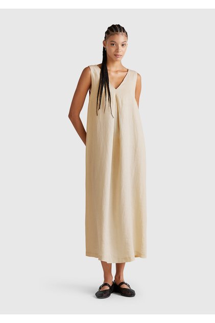 Women's stone color 100% Linen v neck sleeveless a line midi dress