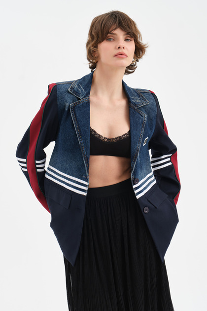 Jachetă blazer pentru femei din țesătură denim cu design detaliat cu dungi