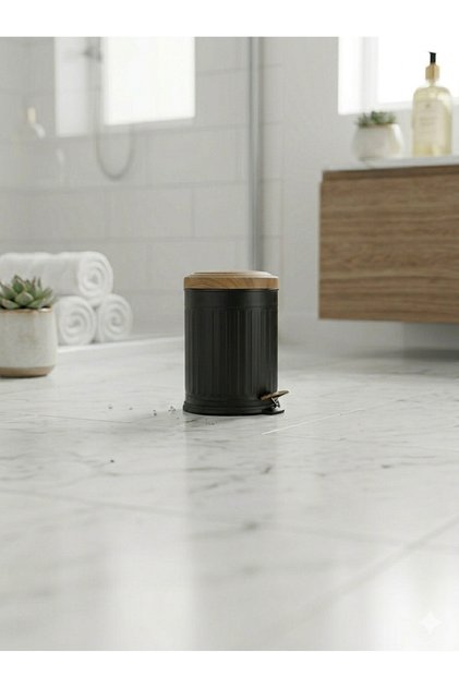 Mat Siyah Çöp Kovası- Vintage Model Ahşap Desenli 5LT Kovalı Çöp Kutusu, Amortisörlü Çöplük
