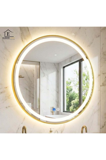 Oglindă rotundă de perete, anti-aburire, cu ramă aurie, ideală pentru baie, iluminare LED, 80 x 80 cm