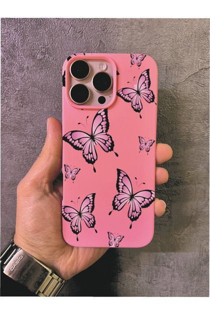 iPhone 13 Pro Max Compatible Pink Case with Purple Butterflies Pattern