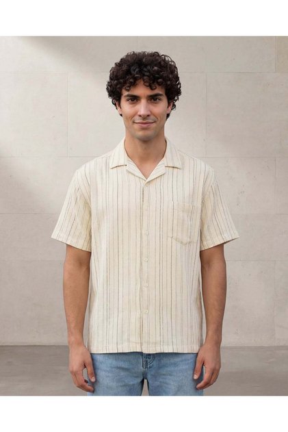 Men's Beige Striped Short Sleeve Shirt