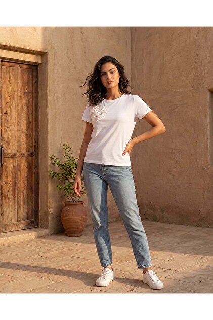 Women White Embellished Casual T-Shirt