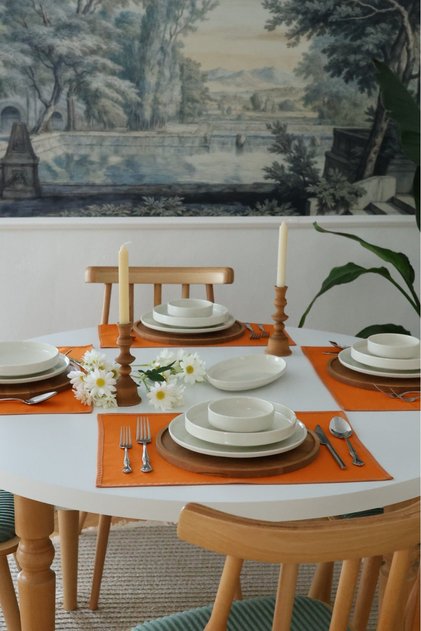 Yakacihome 2-Piece Pera Orange Piping Detailed Duck Linen Supla Placemat Set