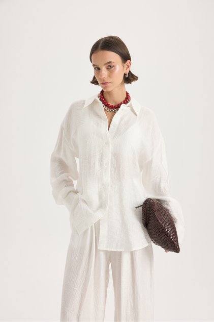 Yovena Düğme Detay Ekru Oversize Gömlek