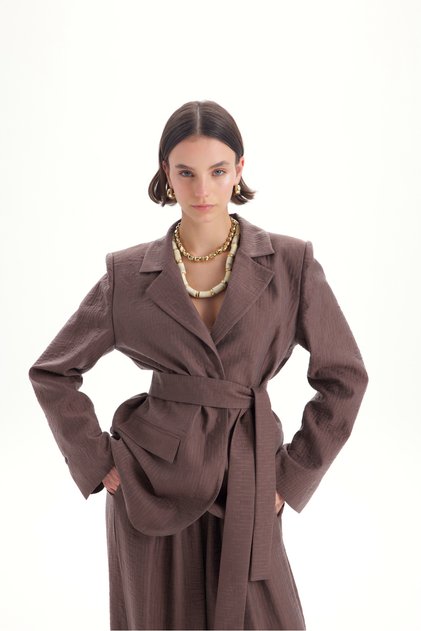 Arisa Belt Detail Brown Blazer Jacket