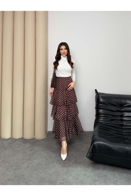 Brown Lined Polka Dot Layered Ruffled Chiffon Maxi Skirt 5295