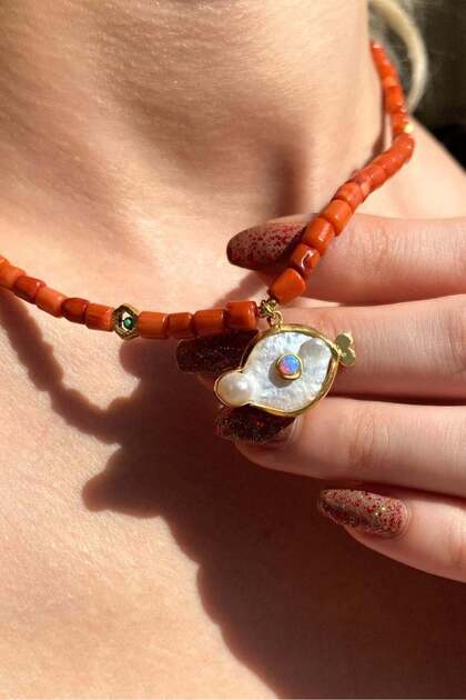 925 Ayar Gümüş, Gold, Doğal Taşlı, Coral (Mercan), Opal Taşlı Kolye