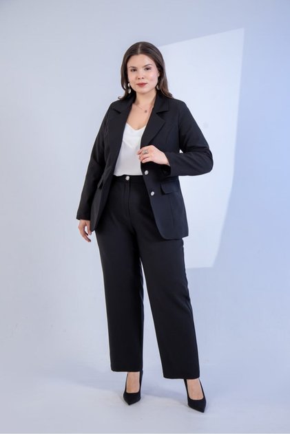 Plus Size Women's Button Detailed 2-Piece Jacket-Pants Set Black