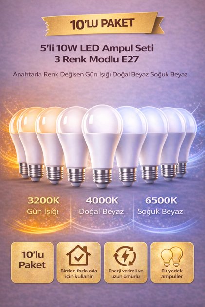 10 Adet 3 Renk Modlu 10W LED Ampul E27 Duy – Anahtarla Renk Değişen 3 Işık Tek Ampul