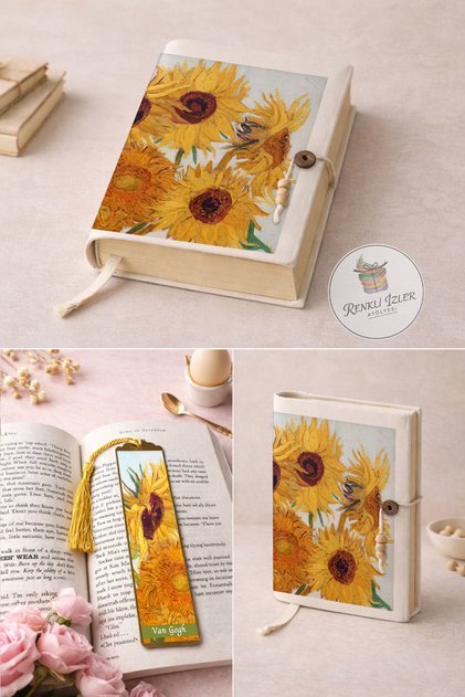Kitap Kılıfı ve Metal Kitap Ayracı Seti (Van Gogh Ayçiçekleri)