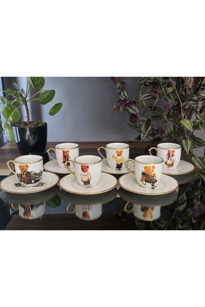Handmade Porcelain Teddy Mixed Serving Set Turkish Coffee Set 6 Pieces