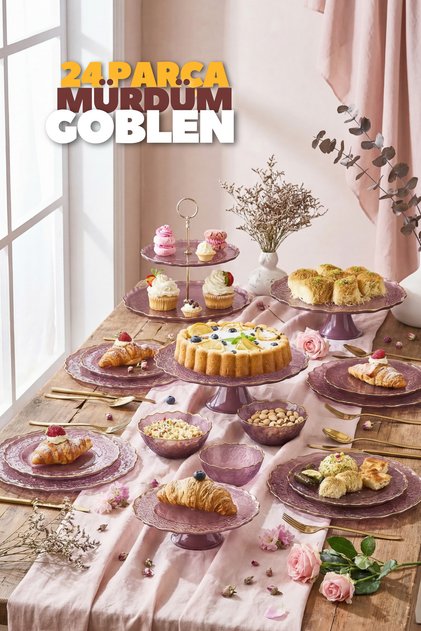 24 Parça - Goblen Serisi Mürdüm Pasta Tatlı Servis Sunum Seti